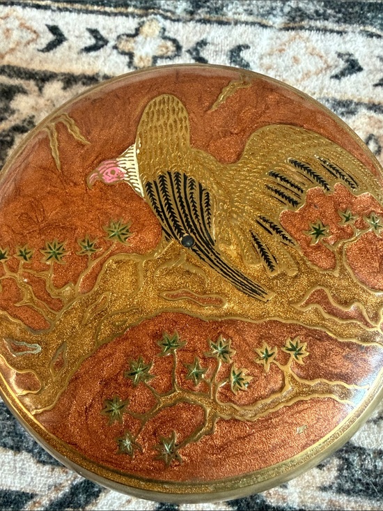 Other - Vintage Round Brass Inlaid Trinket Box with Eagle on Lid Made in India